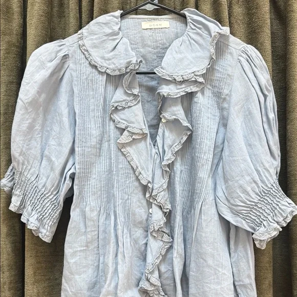 Doen French Blue Henri Ruffled Women's Top. Such a special blouse! Hard to find - Picture 6 of 6